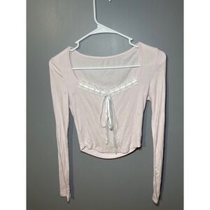 Light Pink Ribbed Lace Trim Long Sleeve Crop Top Coquette Bow Detail Womens M